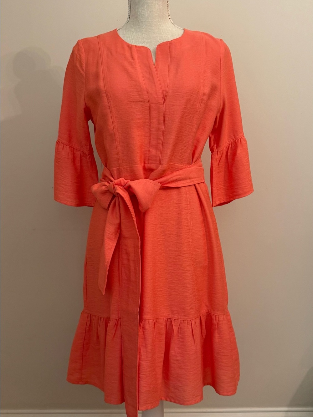 Jade Coral Tie-Waist Midi Dress with Ruffle Hem XS